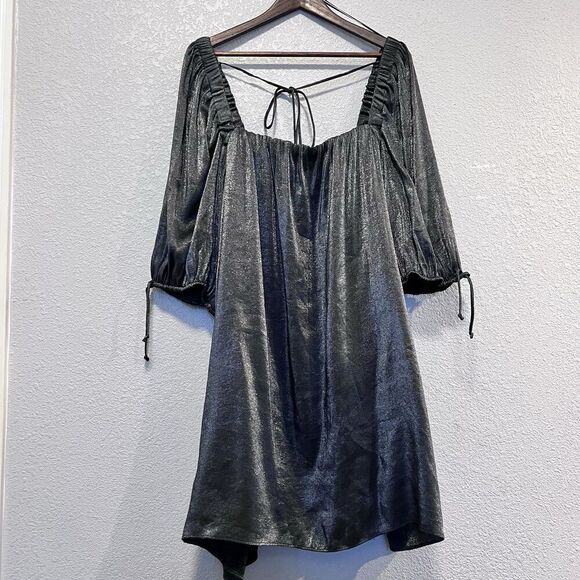 Free People Mara Dark Grey Metallic Puff Sleeve Shift Dress Oversized Size Large - Picture 2 of 10